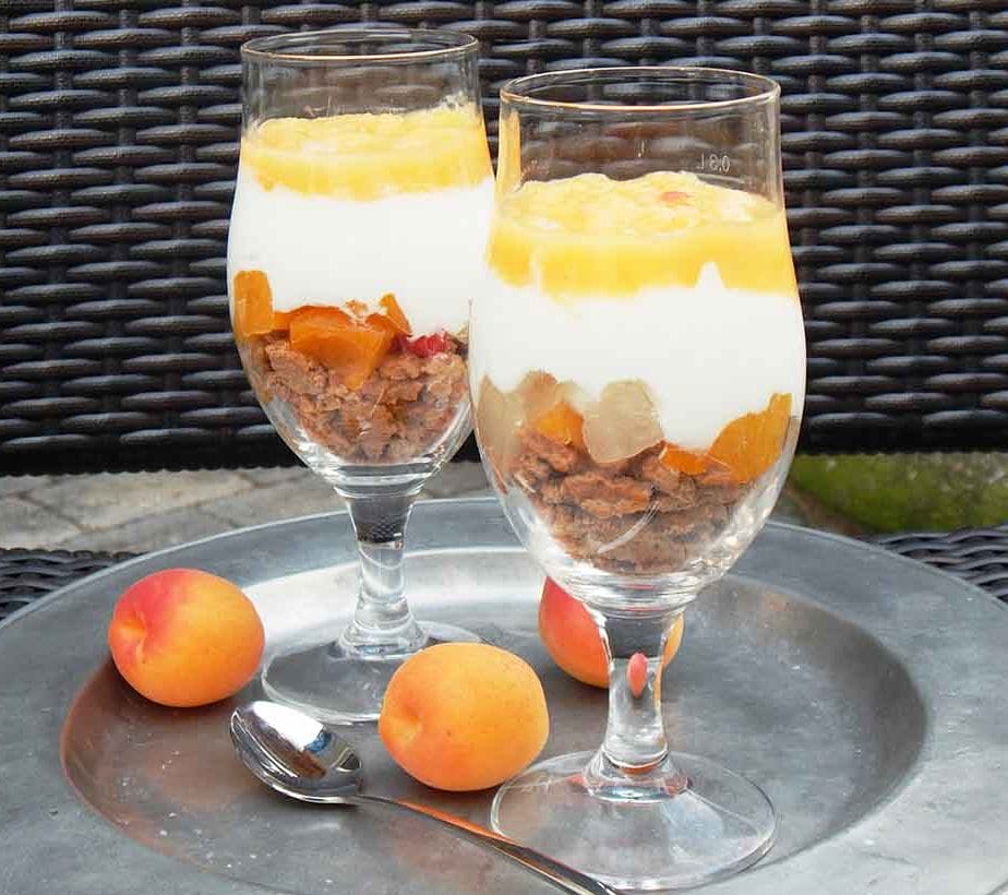 Schichtdessert mit Keksen, Cremedessert, Obstdessert, Marillendessert, Obstcreme im Glas, zuckerfrei, ohne Zucker, Aprikosendessert