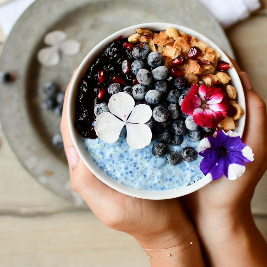 Smootbie Bowl, Heidelbeer Bowl, Smoothie Bowl mit Chia, Spirulina Bowl, blaue Smoothie Bowl, blue Smoothie bowl