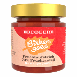 Erdbeere Fruchtaufstrich mit 70% Fruchtanteil, Birkenzucker gesüßt, BirkenGold Marke.