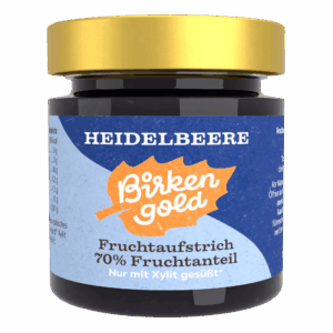 Heidelbeer-Fruchtaufstrich BirkenGold mit 70% Fruchtanteil und Xylit, Glasansicht mit goldenem Deckel.