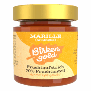 Glas Birkenzucker Marillen-Fruchtaufstrich, 70% Fruchtanteil, gesüßt mit Xylit, goldener Deckel, Branding sichtbar.