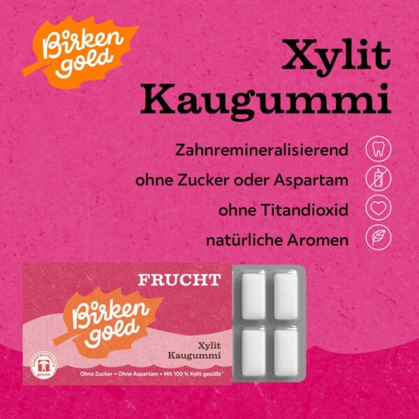 Birkengold Xylit Zahnpflege Kaugummi Frucht 12 Stück Infografik