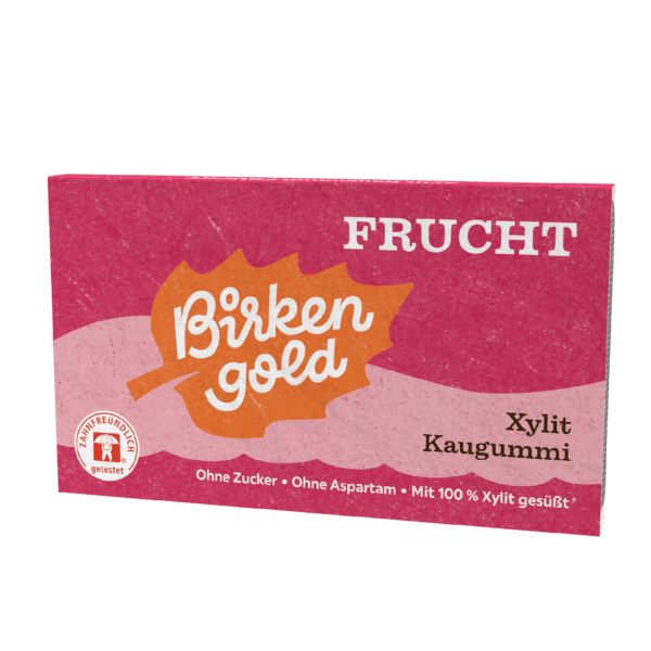 Birkengold Xylit Zahnpflege Kaugummi Frucht 12 Stück Sleeve Vorderseite