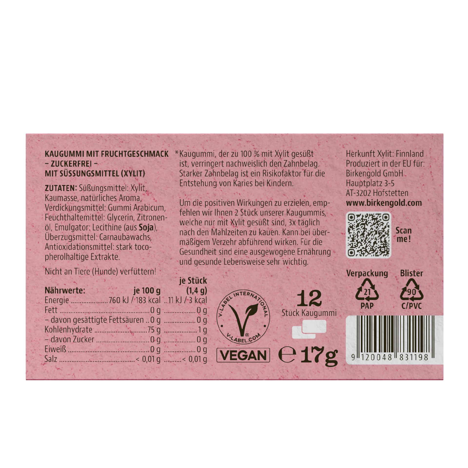 Birkengold Xylit Zahnpflege Kaugummi Frucht 12 Stück Sleeve Rückseite