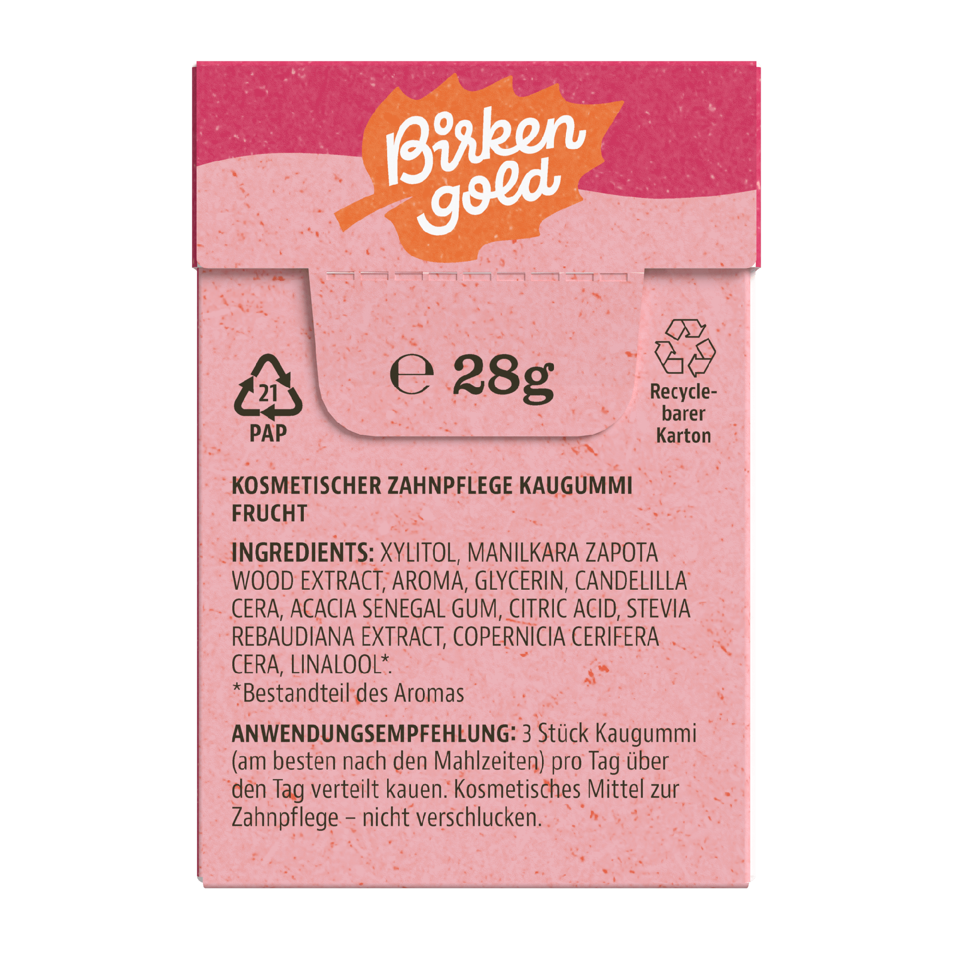 Birkengold Kaugummi Frucht 20 Stück plastikfrei Verpackung Rückseite mit Inhaltsstoffen