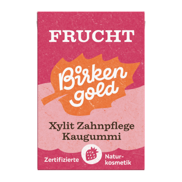 Birkengold Kaugummi Frucht 20 Stück plastikfrei Verpackung Vorderseite