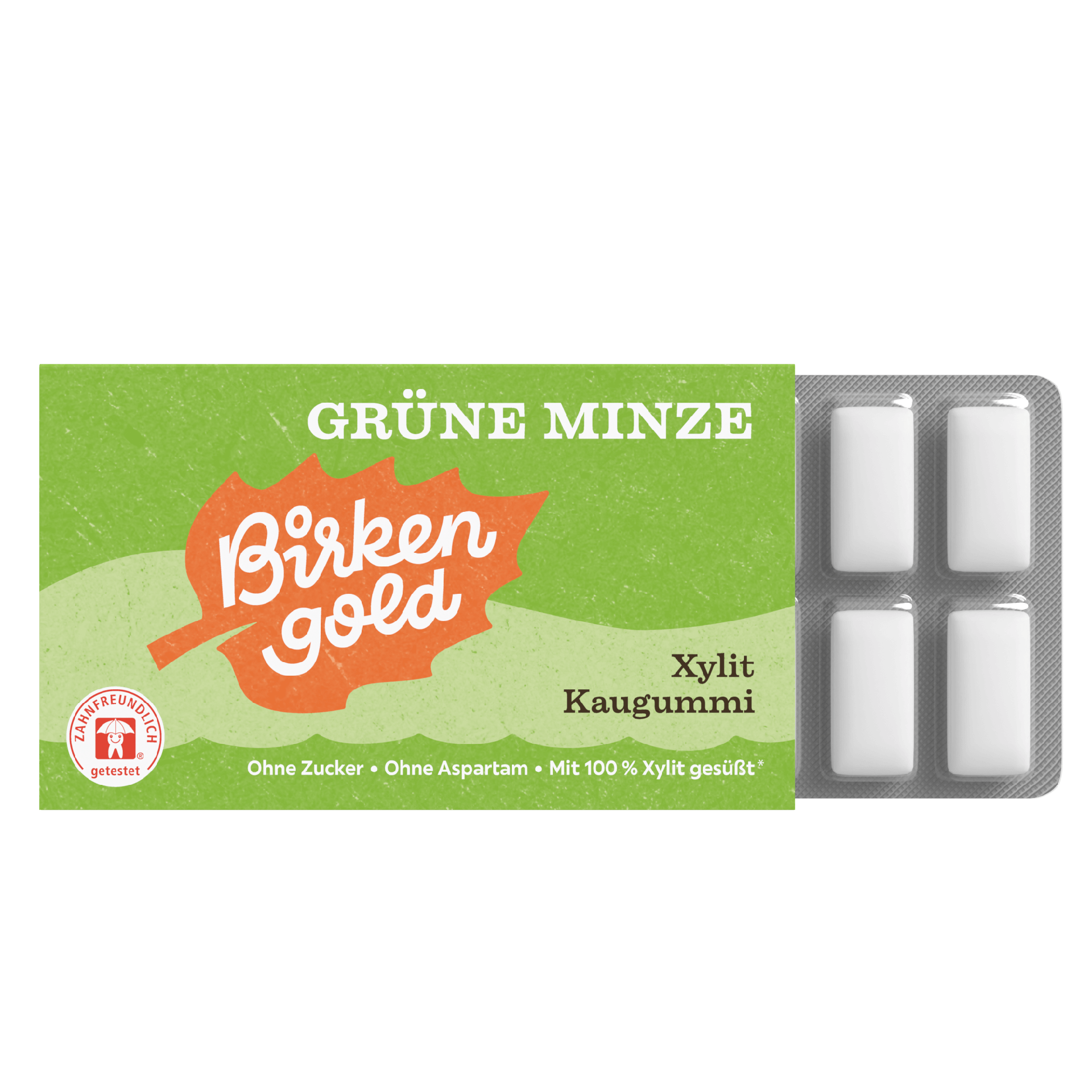 Birkengold Xylit Zahnpflege Kaugummi Grüne Minze 12 Stück im Blister Vorderseite