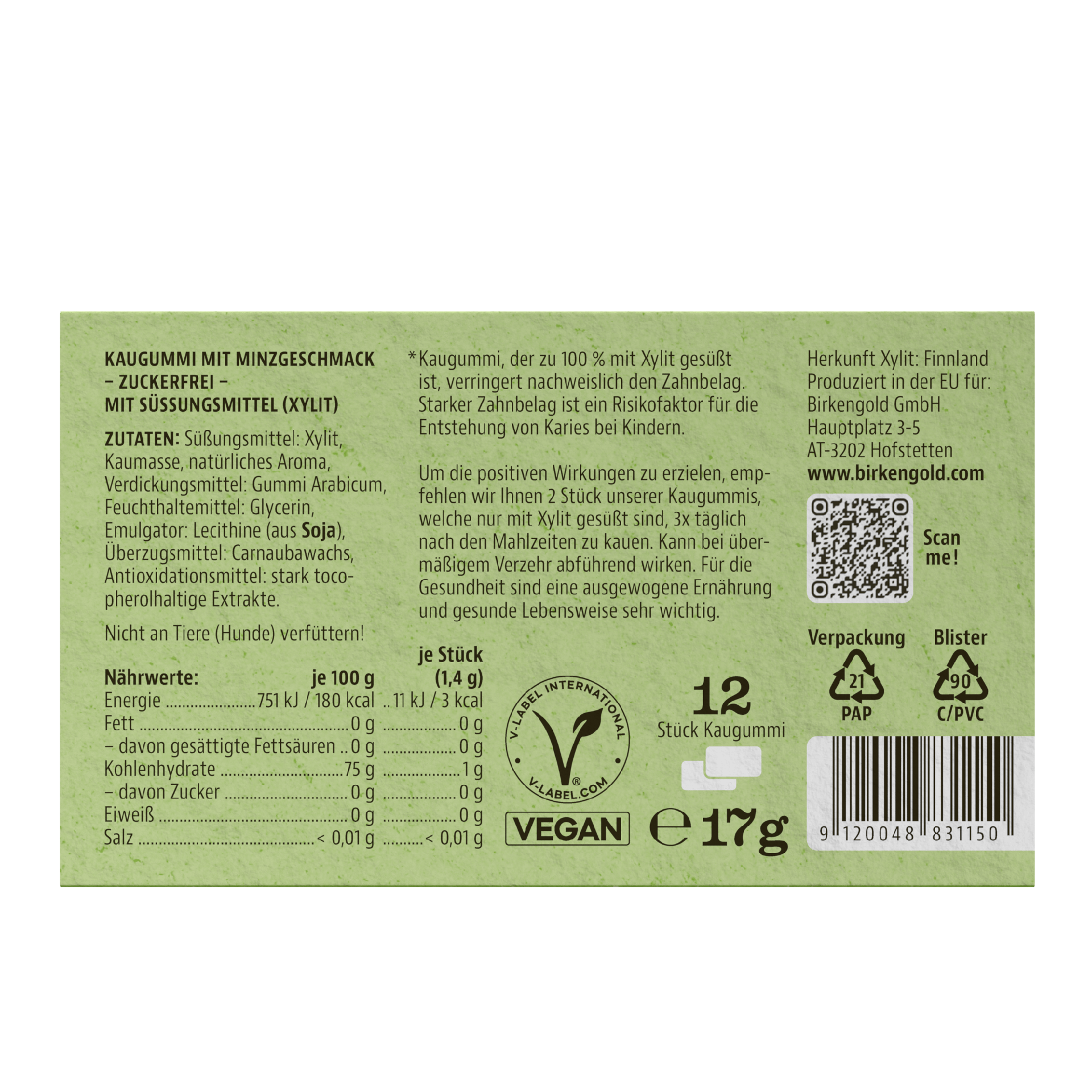 Birkengold Xylit Zahnpflege Kaugummi Grüne Minze 12 Stück im Sleeve Rückseite mit Inhaltsstoffen