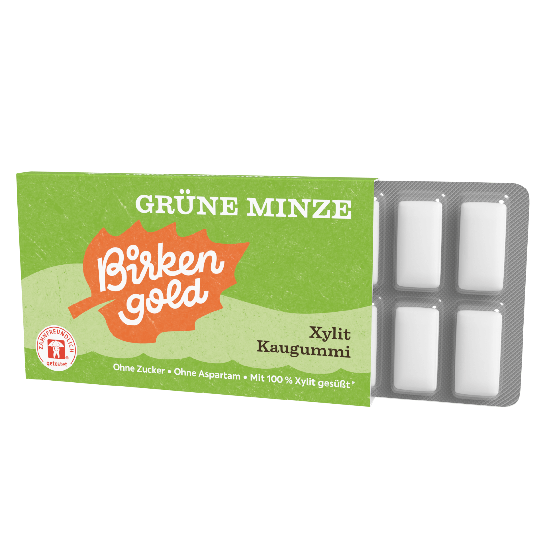 Birkengold Xylit Zahnpflege Kaugummi Grüne Minze 12 Stück im Blister Perspektive