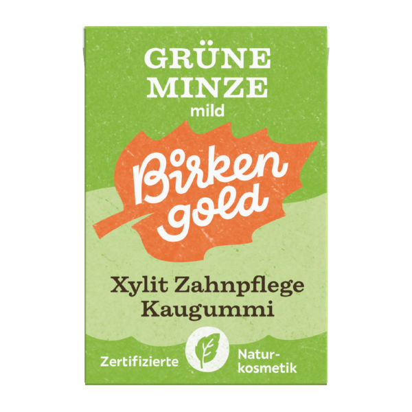 Birkengold Kaugummi Grüne Minze Mild 20 Stück plastikfrei Verpackung Vorderseite