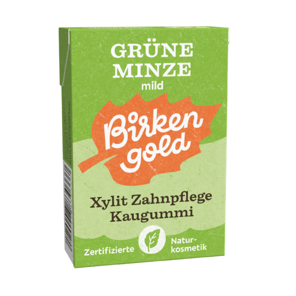 Birkengold Kaugummi Grüne Minze Mild 20 Stück plastikfrei Verpackung Perspektive