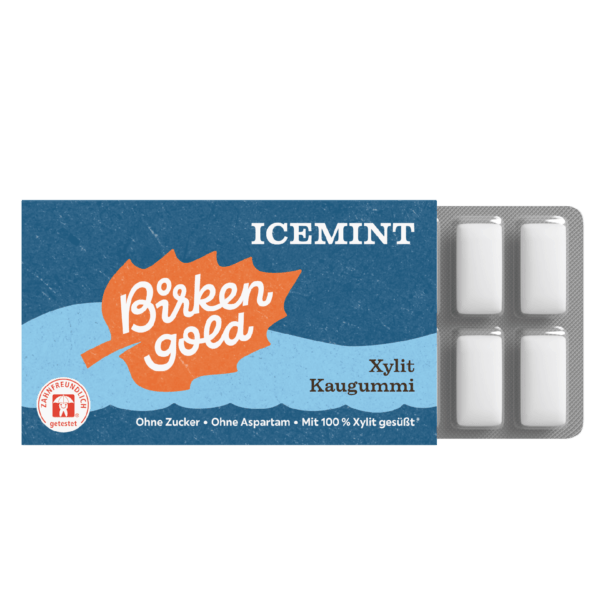 Birkengold Xylit Zahnpflege Kaugummi Icemint 12 Stück im Blister Vorderseite