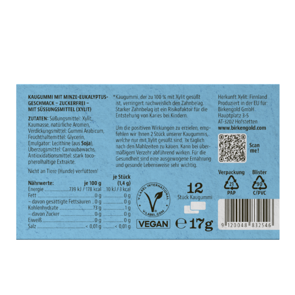 Birkengold Xylit Zahnpflege Kaugummi Icemint 12 Stück Rückseite mit Nährwerten