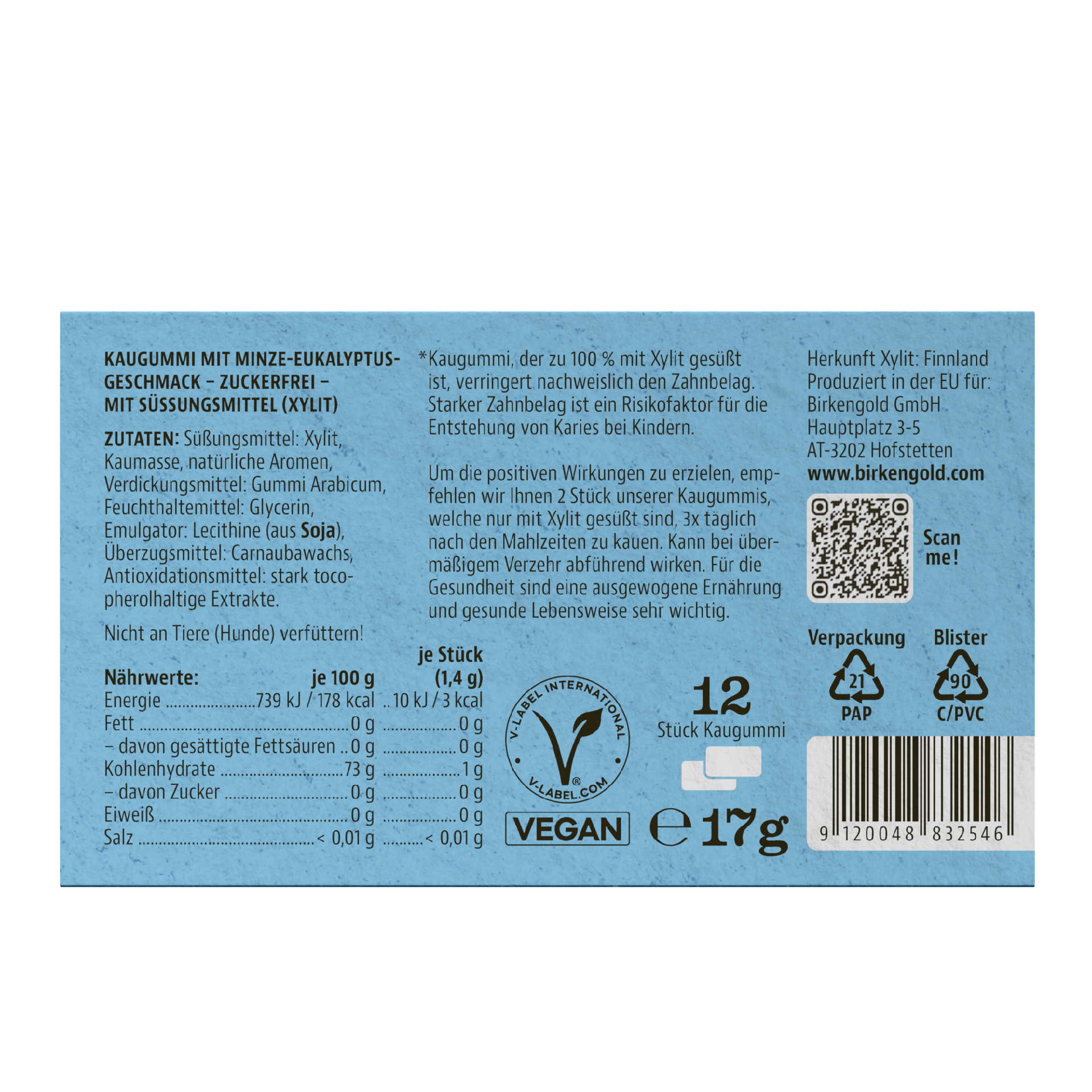 Birkengold Xylit Zahnpflege Kaugummi Icemint 12 Stück Rückseite mit Nährwerten