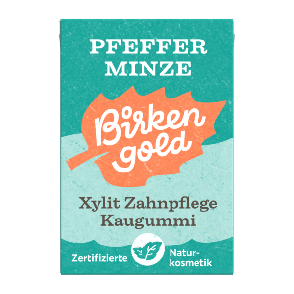 Birkengold Kaugummi Pfefferminze 20 Stück plastikfrei Verpackung Vorderseite