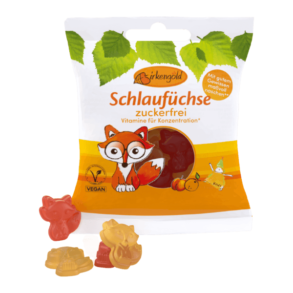 Birkengold Fruchtgummi Schlaufüchse zuckerfrei Verpackung 50 g mit Schlaufüchsen