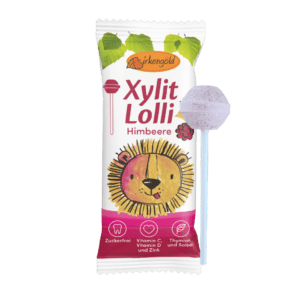 Birkengold Xylit Lollis Himbeere zuckerfrei Produktabbildung Vorderseite mit Lolli