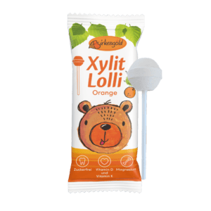 Birkengold Xylit Lollis Orange zuckerfrei Produktabbildung Vorderseite mit Lolli