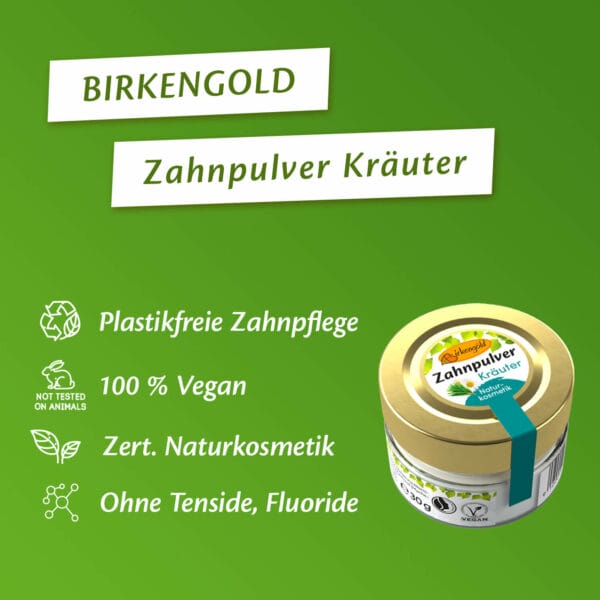 Birkengold Zahnpulver Kräuter im 30 g Glas Infografik