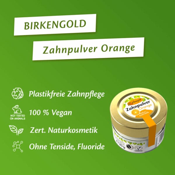 Birkengold Zahnpulver Orange im 30 g Glas Infografik