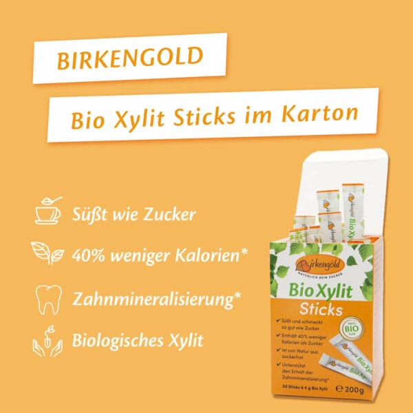 Birkengold Bio Xylit Sticks im Karton 50 Stück Infografik