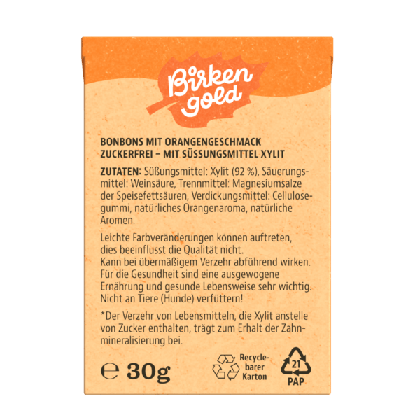 Birkengold Bonbons Orange 30g Rückseite