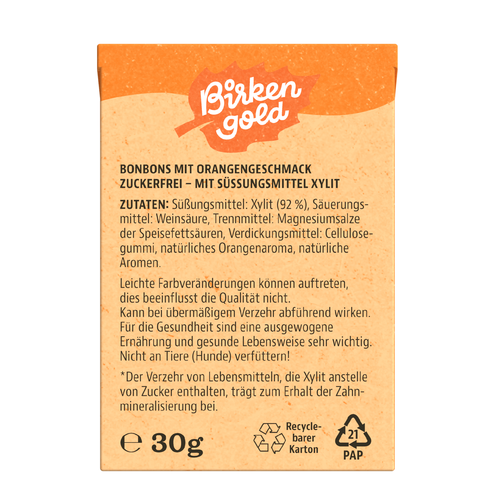 Birkengold Bonbons Orange 30g Rückseite