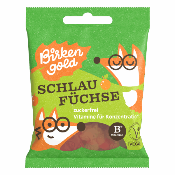 Packung von Birken Gold Schlau Füchse, zuckerfreie Süßigkeiten mit Vitaminen für Konzentration, vegan.