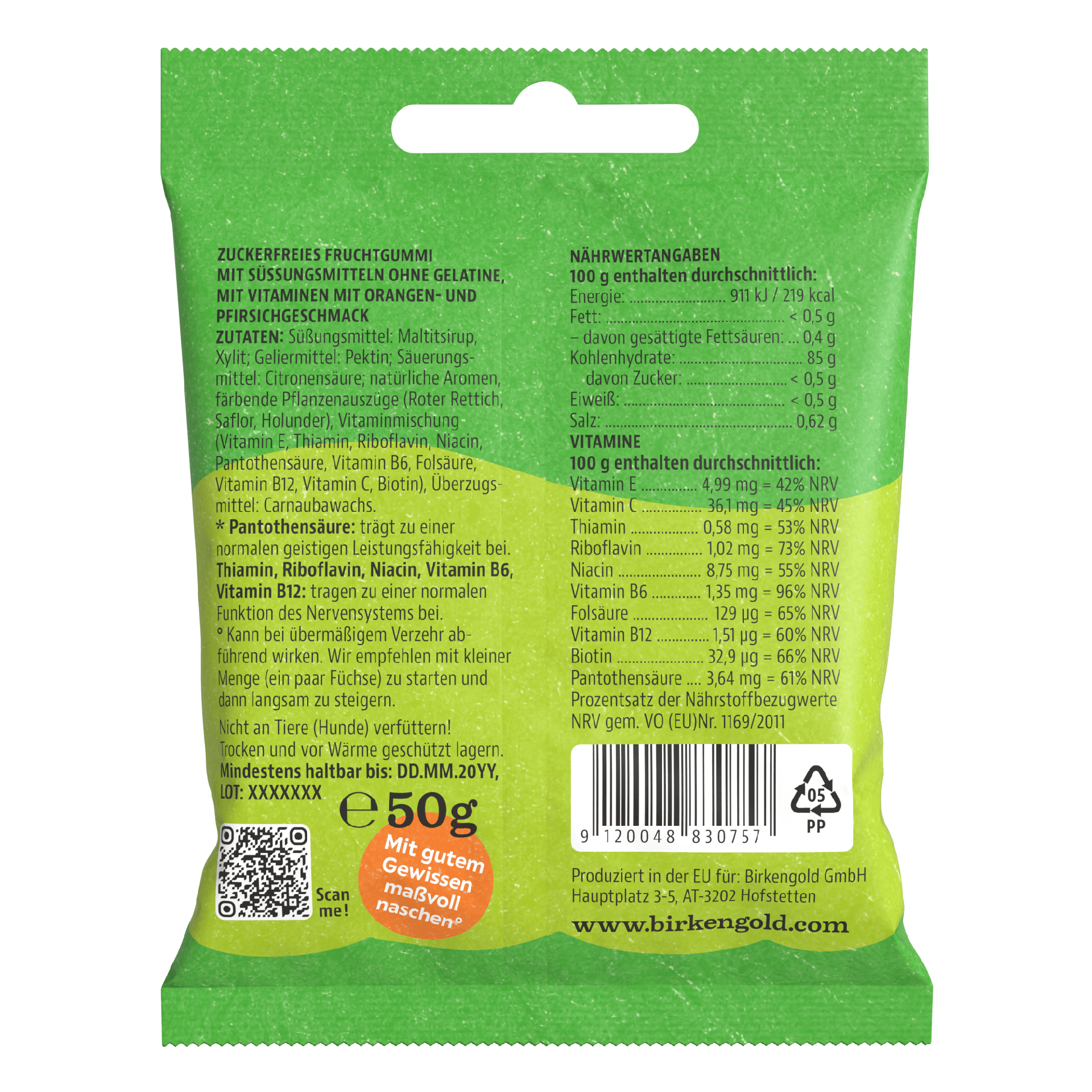 Zuckerfreies Fruchtgummi, 50g Packung, Birkenhold, mit Vitaminangaben und Zutatenliste. Kunststoffverpackung.