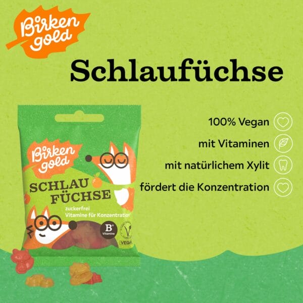 Verpackung von BirkenGold Schlaufüchse, zuckerfreie vegane Gummibärchen mit Vitaminen und natürlichem Xylit.