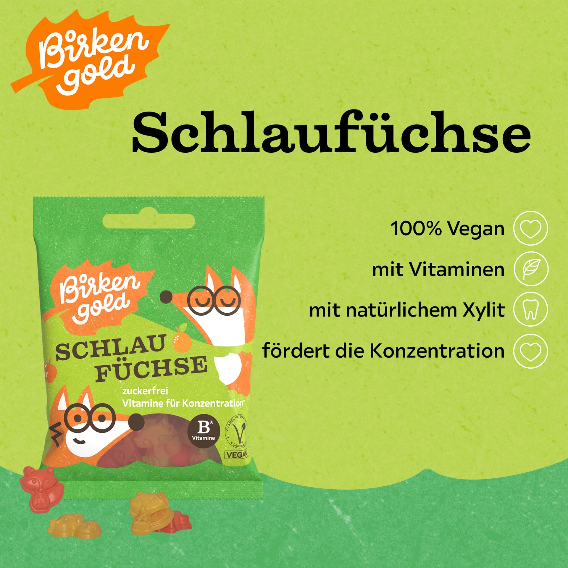 Verpackung von BirkenGold Schlaufüchse, zuckerfreie vegane Gummibärchen mit Vitaminen und natürlichem Xylit.