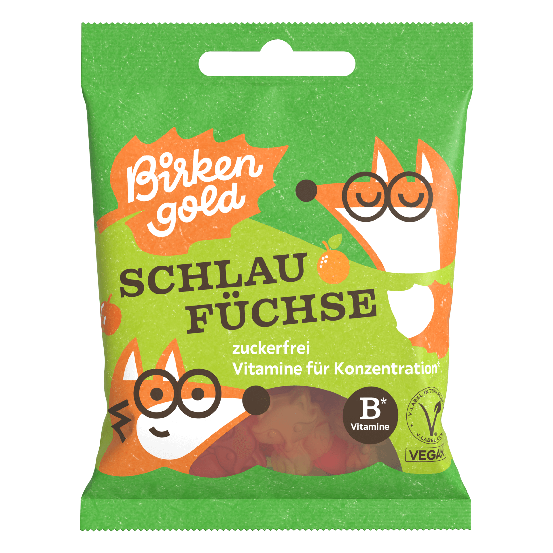 Kleine Tüte BirkenGold Schlau Füchse Gummibärchen, zuckerfrei, mit B-Vitaminen für bessere Konzentration.