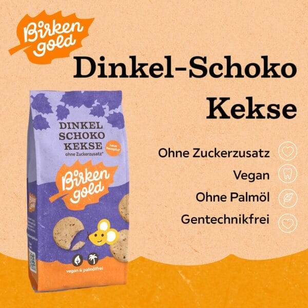 Verpackung der Birken Gold Dinkel-Schoko-Kekse: vegan, palmölfrei, ohne Zuckerzusatz und gentechnikfrei.