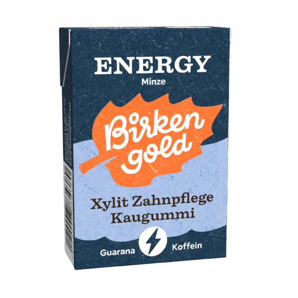 Verpackung vom Birken Gold Energy Minze Kaugummi mit Xylit für Zahnpflege, enthält Guarana und Koffein.