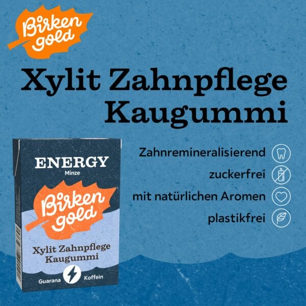 Verpackung des BirkenGold Xylit Zahnpflege Kaugummi, zahnschonend, zuckerfrei, mit natürlichen Aromen und plastikfrei.