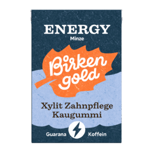 Verpackung von Birkengold Energy Kaugummi mit Minze, Xylit, Guarana und Koffein zur Zahnpflege.