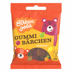 Verpackung von Birken Gold Gummibärchen, zuckerfrei, vegan. Bunte Bärenillustrationen. Ideal für Naschkatzen.