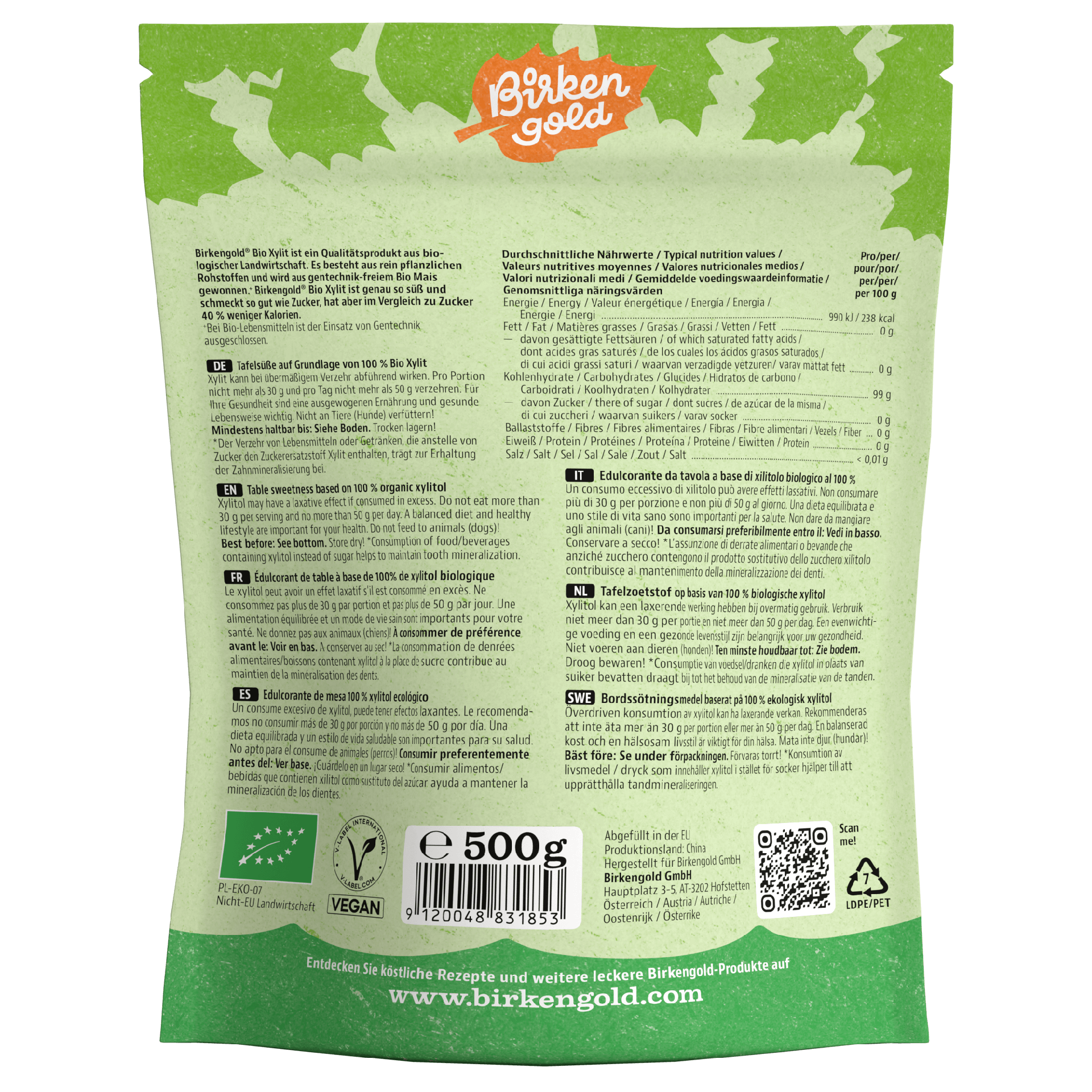 Verpackung von Birkenzucker BirkenGold in Grün, mit Ernährungsinformationen und Vegan-Logo auf der Rückseite.