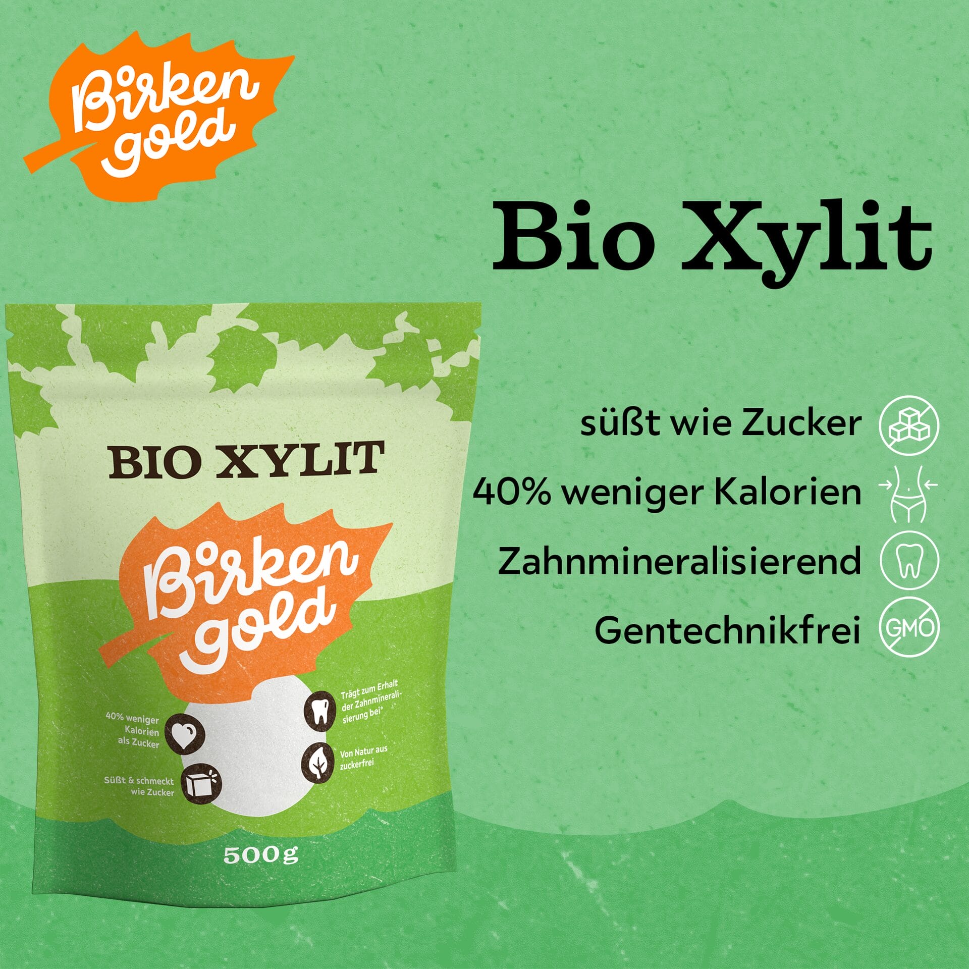 Bio Xylit aus Birkenrinde: Zuckerersatz mit 40% weniger Kalorien, zahnmineralisierend, gentechnikfrei, 500g Packung.