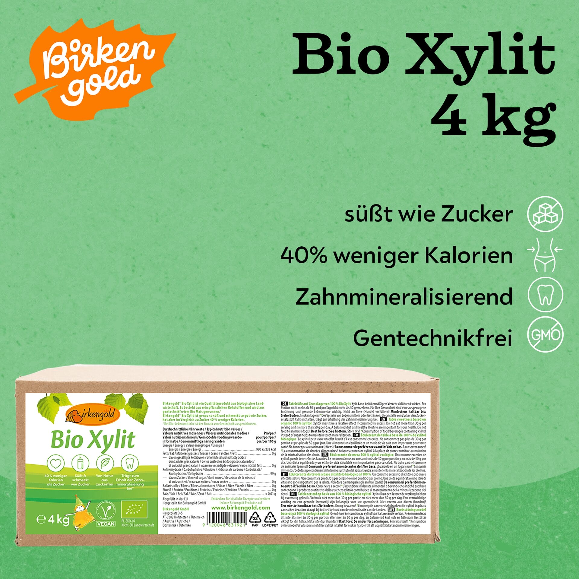Bio-Xylit 4 kg von Birkengold, 40% weniger Kalorien, zahnmineralisierend, gentechnikfrei. Süßt wie Zucker.