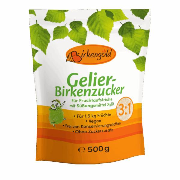 Verpackung von Birkenzucker-Gelierzucker für Fruchtaufstriche, vegan, ohne Zuckerzusatz, 500g.