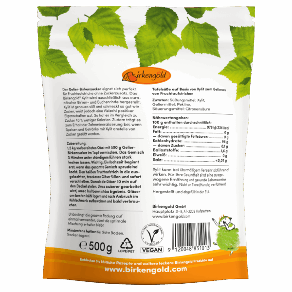 Rückseite einer Birkenzucker-Verpackung von Birkengold, 500g, mit Nährwertangaben und Anwendungstipps für Fruchtaufstrich.