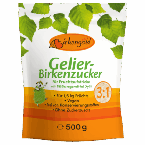 Gelier-Birkenzucker Birkengold 500g Produktbild, vegan, konservierungsstofffrei, ideal für Fruchtaufstriche, Xylit-Süßungsmittel.