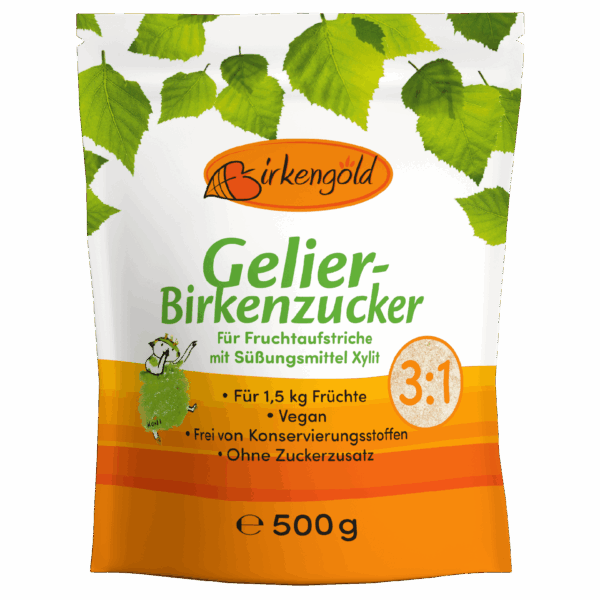 Gelier-Birkenzucker Birkengold 500g Produktbild, vegan, konservierungsstofffrei, ideal für Fruchtaufstriche, Xylit-Süßungsmittel.