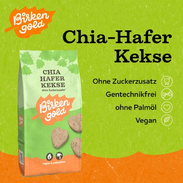 Verpackung von veganen BirkenGold Chia-Hafer-Keksen ohne Zuckerzusatz, palmölfrei und gentechnikfrei.