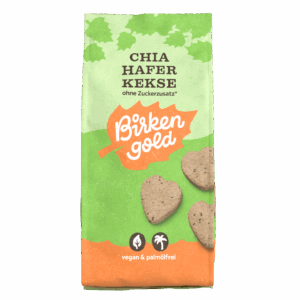 Verpackung von Birken Gold Chia Hafer Keksen, vegan und palmölfrei, ohne Zuckerzusatz, herzförmig.