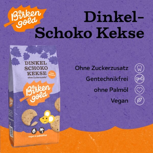 Dinkel-Schoko Kekse von Birkengold: Vegan, ohne Zuckerzusatz, palmölfrei und gentechnikfrei.