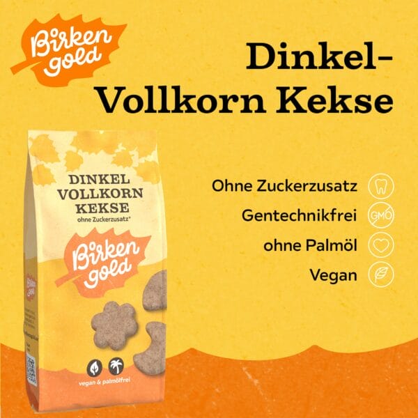 Packung Birken Gold Dinkel-Vollkorn Kekse vegan, ohne Zuckerzusatz, palmölfrei und gentechnikfrei auf orange-gelbem Hintergrund.