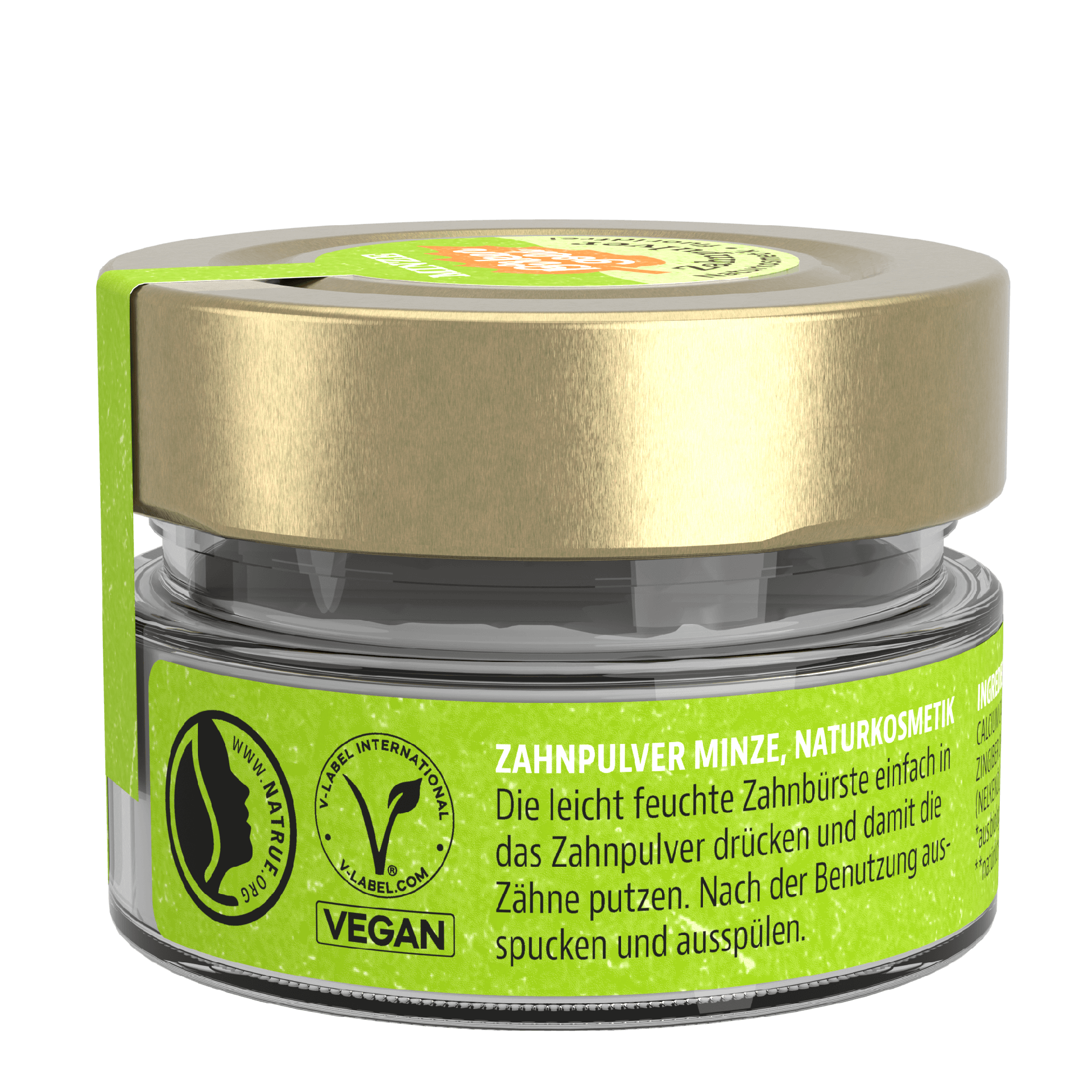 Zahnputzpulver mit Minze in einem Glasbehälter, vegan und als Naturkosmetik zertifiziert.