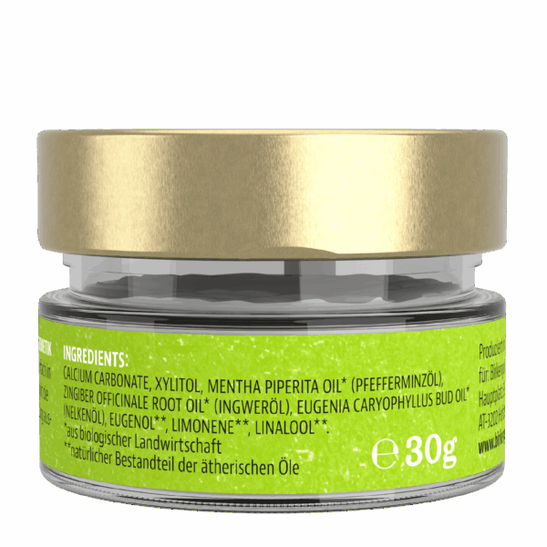Glasgefäß mit goldfarbenem Deckel, zeigt Zutaten wie Pfefferminz- und Ingweröl, 30g. Bio-zertifiziertes Produkt.